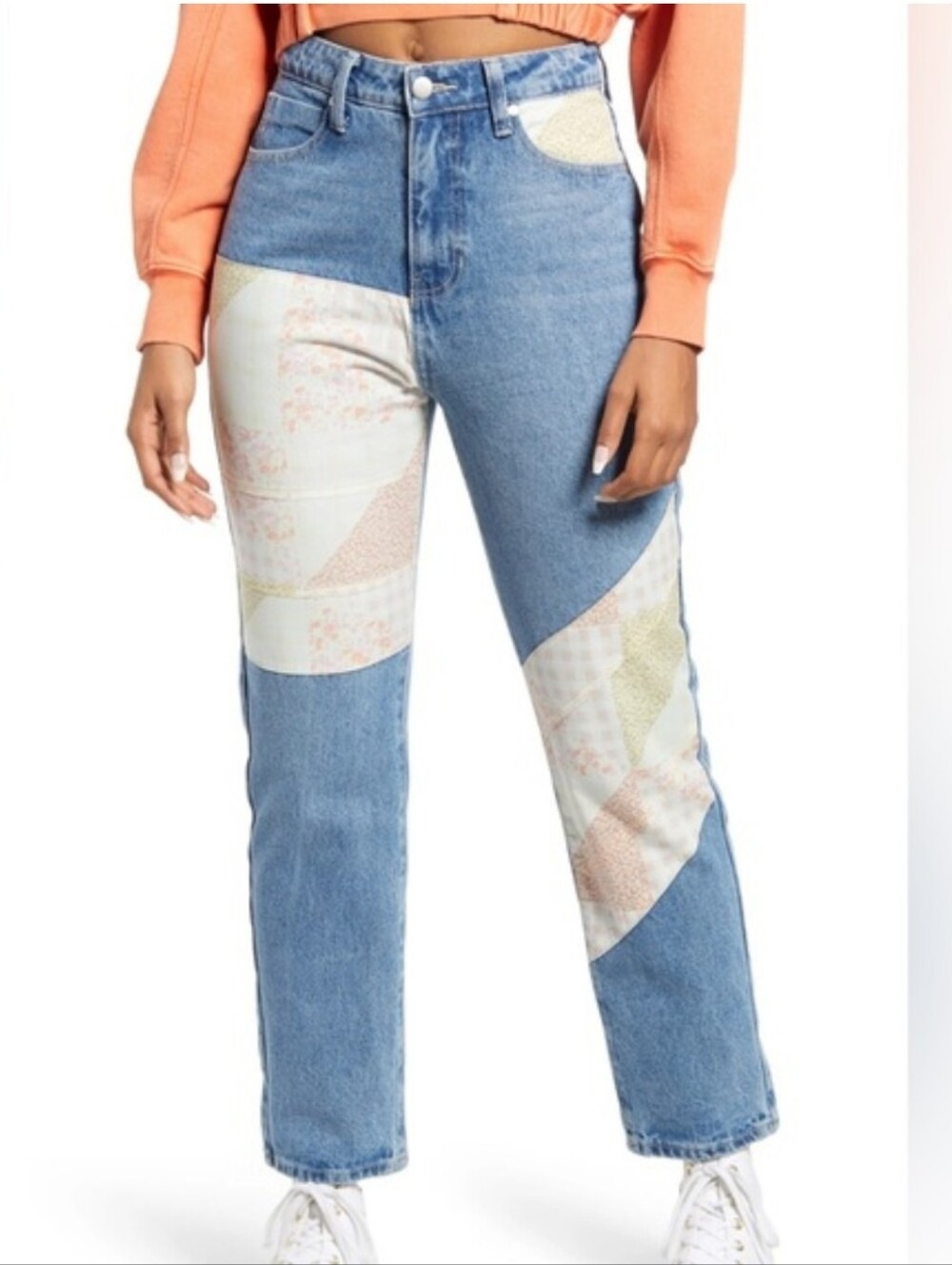 Gingham Floral Patchwork Straight-Leg Jeans Size 28 BP